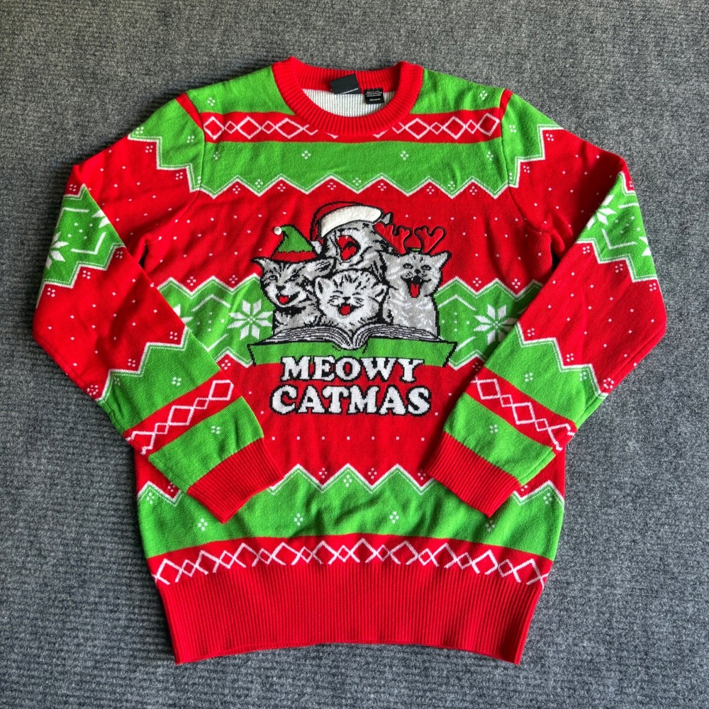 Mad Engine Meowy Catmas Ugly Christmas Sweater Mens Medium Red Green Cats Knit